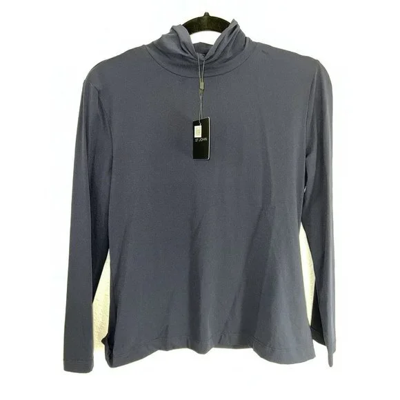 ST.JOHN Basic Shirt Navy Blue Mock Neck Turtle Neck NWTS $195 New Stretchy T - Picture 7 of 10